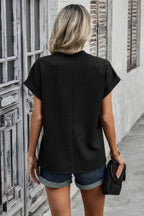 V Neck Solid Short Bat Sleeve Loose Fit Blouse | Mixtshop LLC