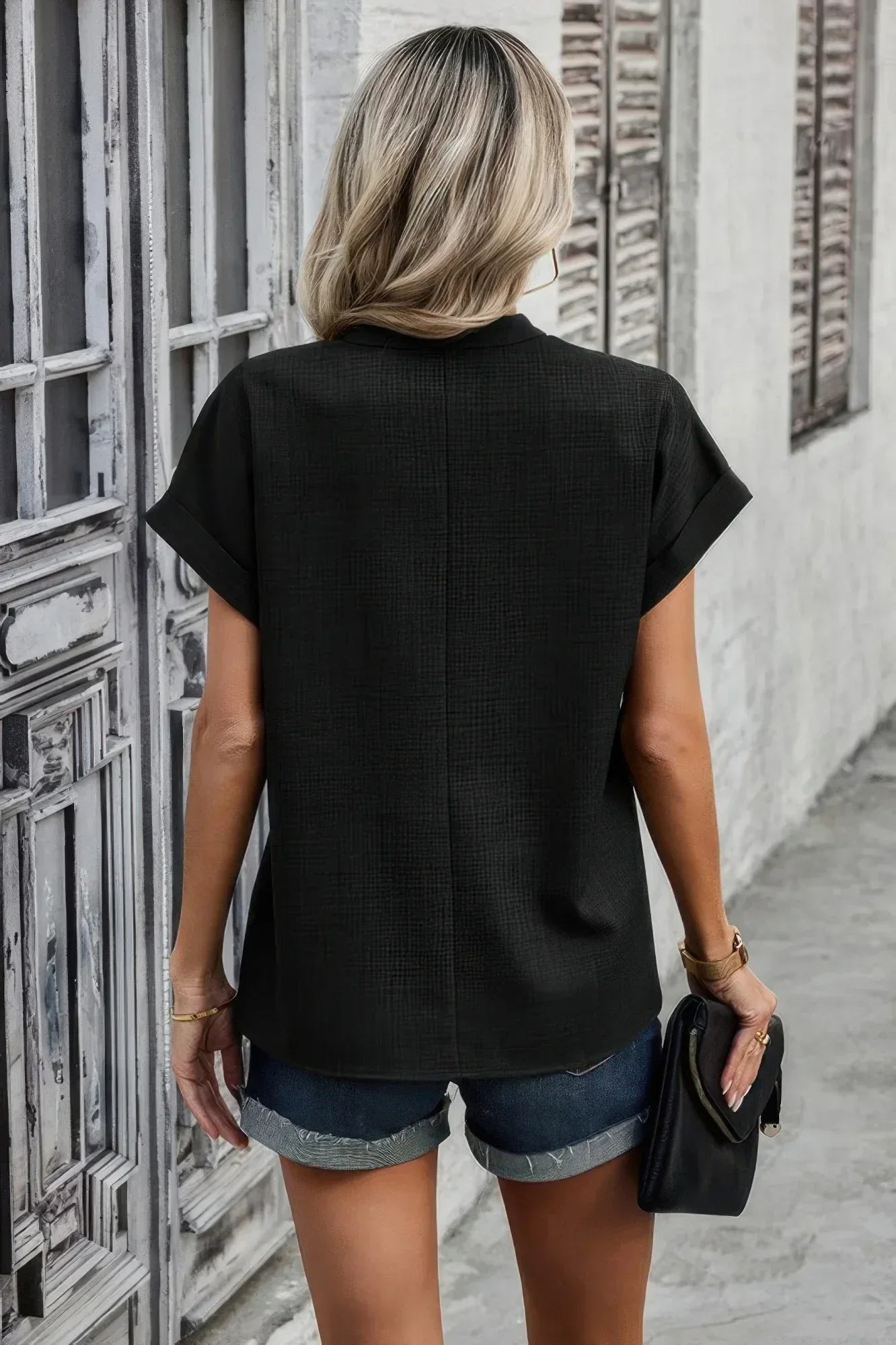 V Neck Solid Short Bat Sleeve Loose Fit Blouse | Mixtshop LLC