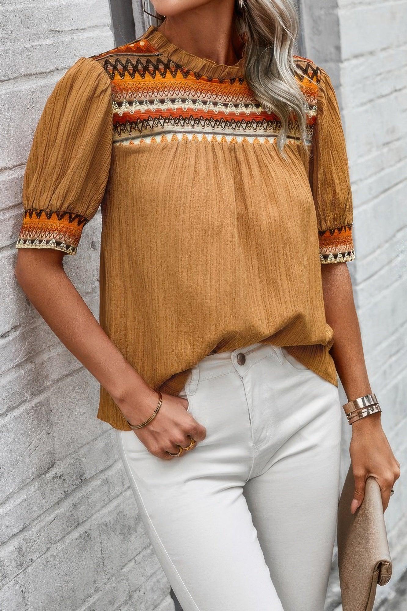 Geometric Print Elegant Textured Puff Sleeve Shirt | Mixtshop LLC