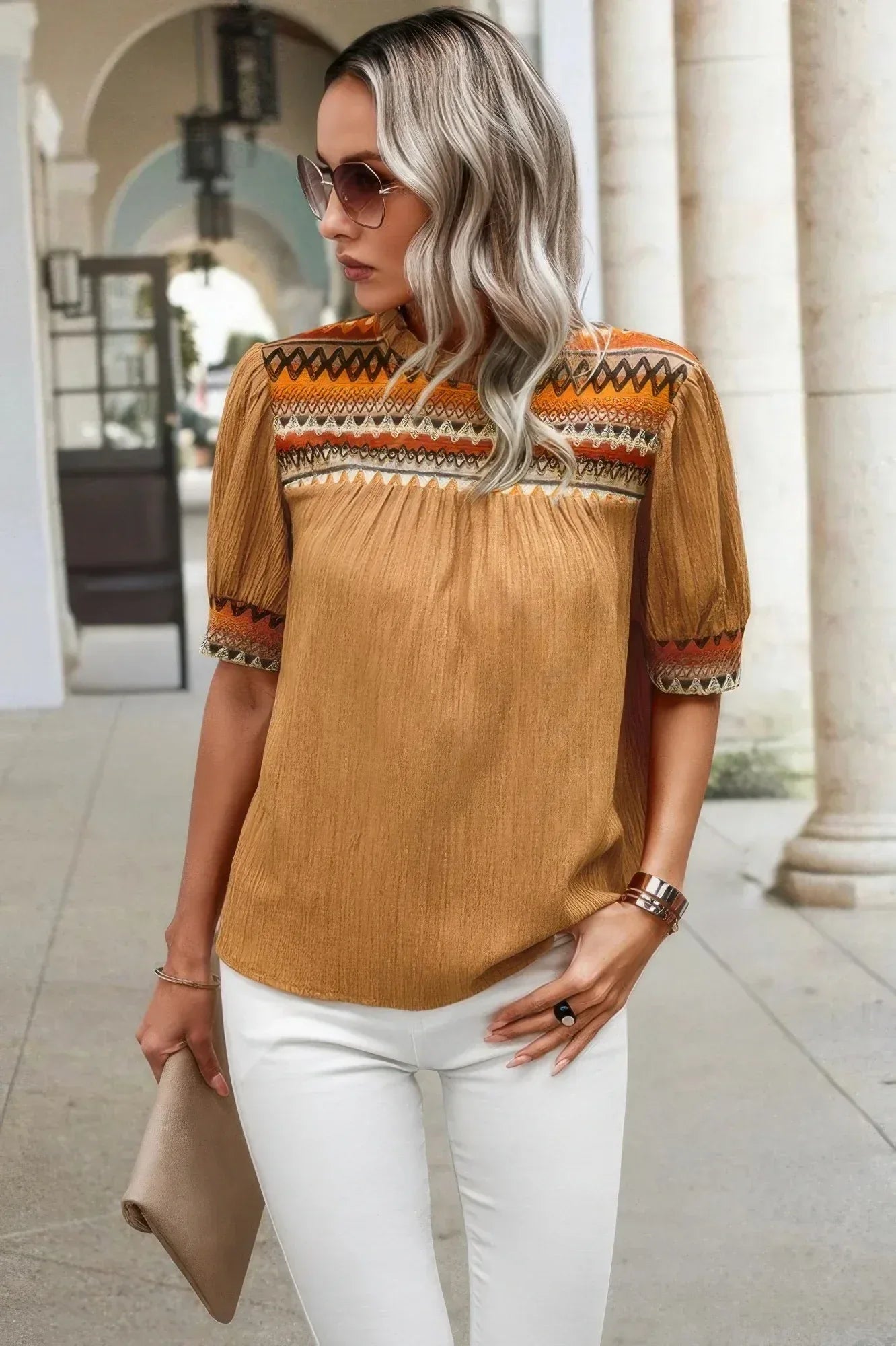 Geometric Print Elegant Textured Puff Sleeve Shirt | Mixtshop LLC