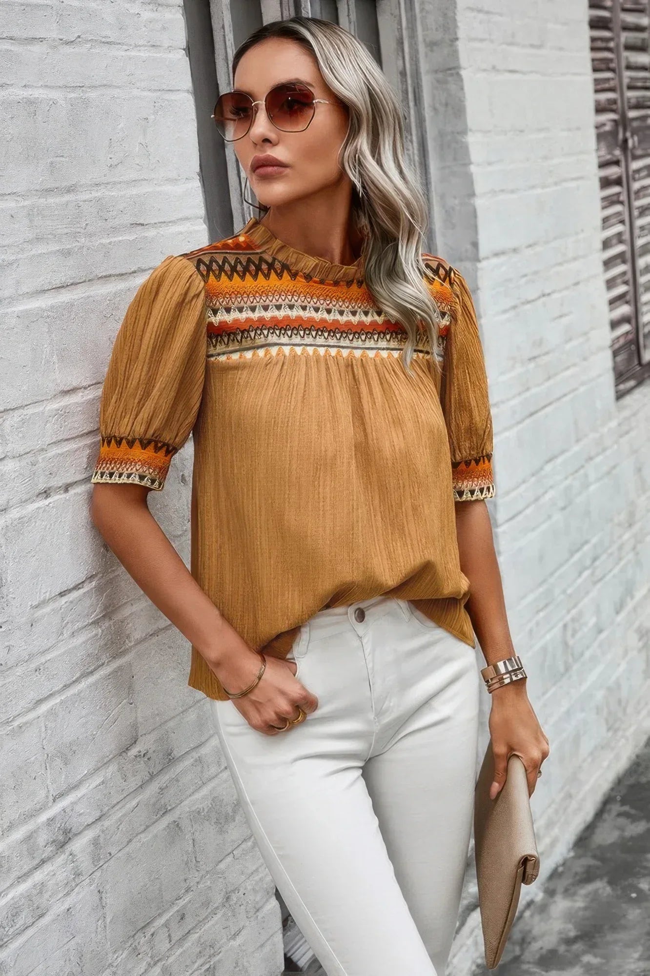 Geometric Print Elegant Textured Puff Sleeve Shirt | Mixtshop LLC