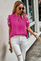 Floral Keyhole Neckline Loose Puff Sleeve Blouse | Mixtshop LLC