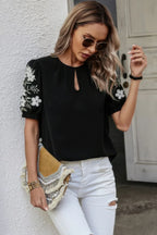 Floral Keyhole Neckline Loose Puff Sleeve Blouse | Mixtshop LLC