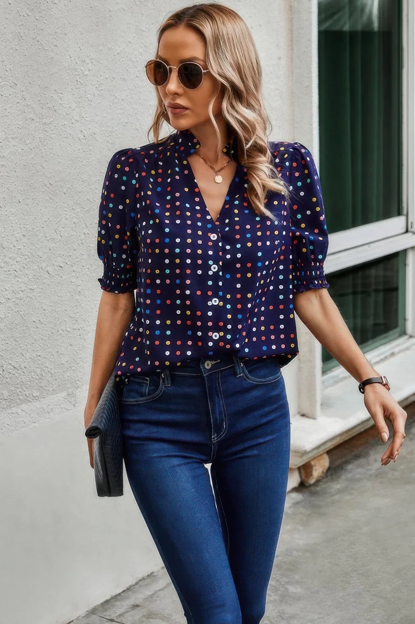 Polka Dot Print Puff Sleeve Loose Shirt | Mixtshop LLC