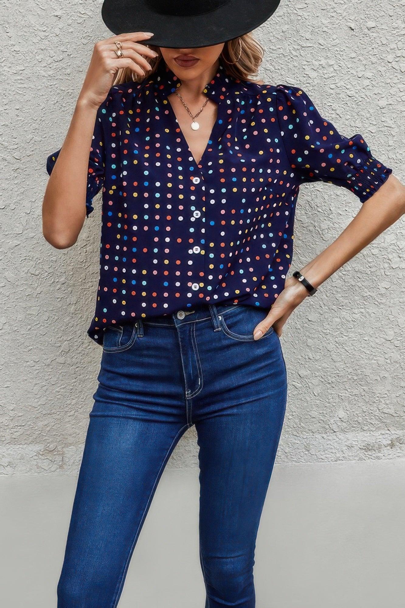 Polka Dot Print Puff Sleeve Loose Shirt | Mixtshop LLC
