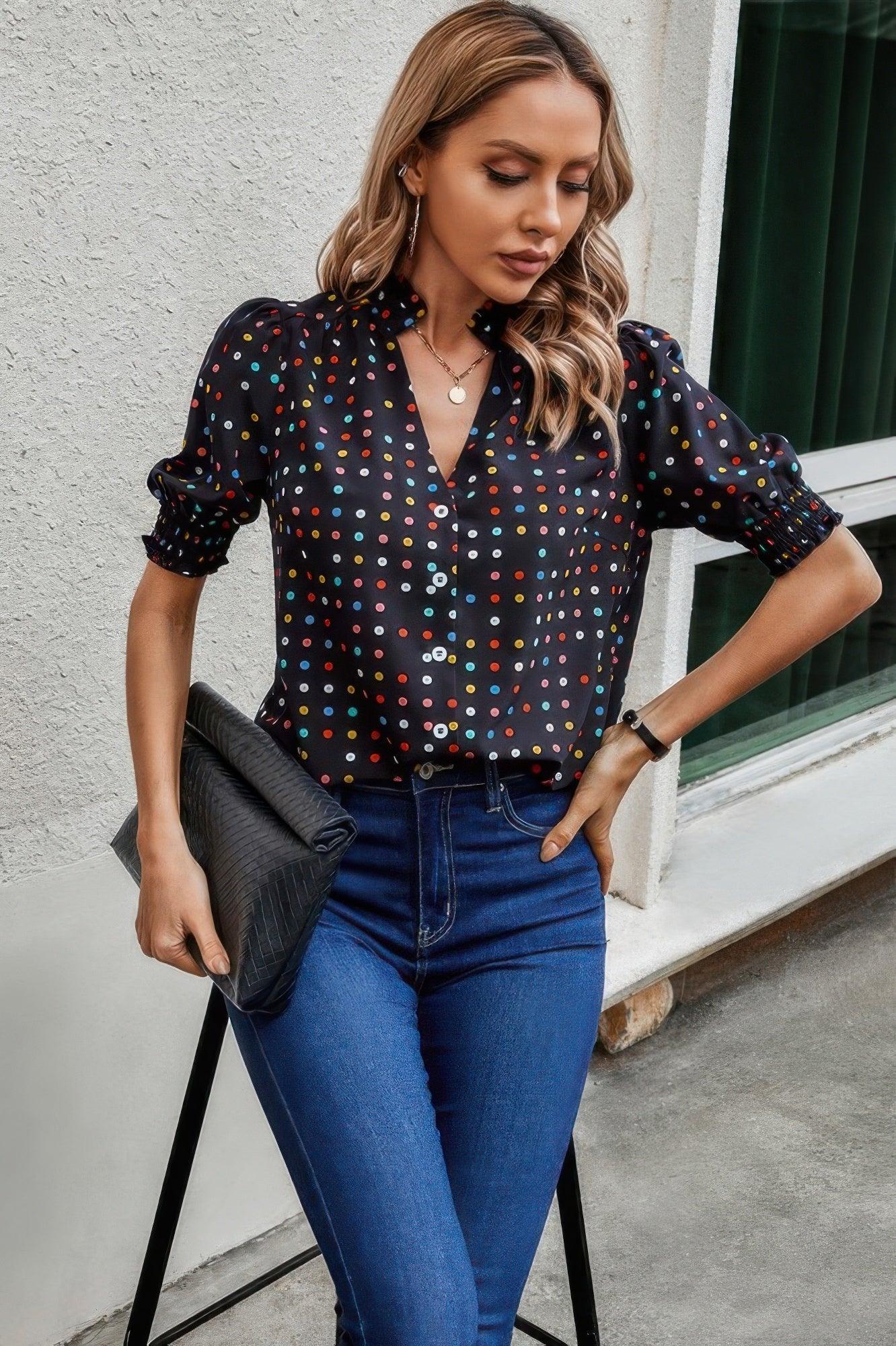 Polka Dot Print Puff Sleeve Loose Shirt | Mixtshop LLC