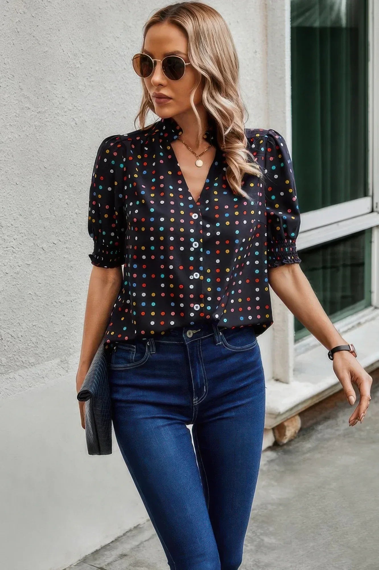 Polka Dot Print Puff Sleeve Loose Shirt | Mixtshop LLC