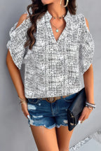 Printed Mandarine Collar Cold Shoulder Loose Top | Mixtshop LLC