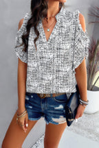 Printed Mandarine Collar Cold Shoulder Loose Top | Mixtshop LLC