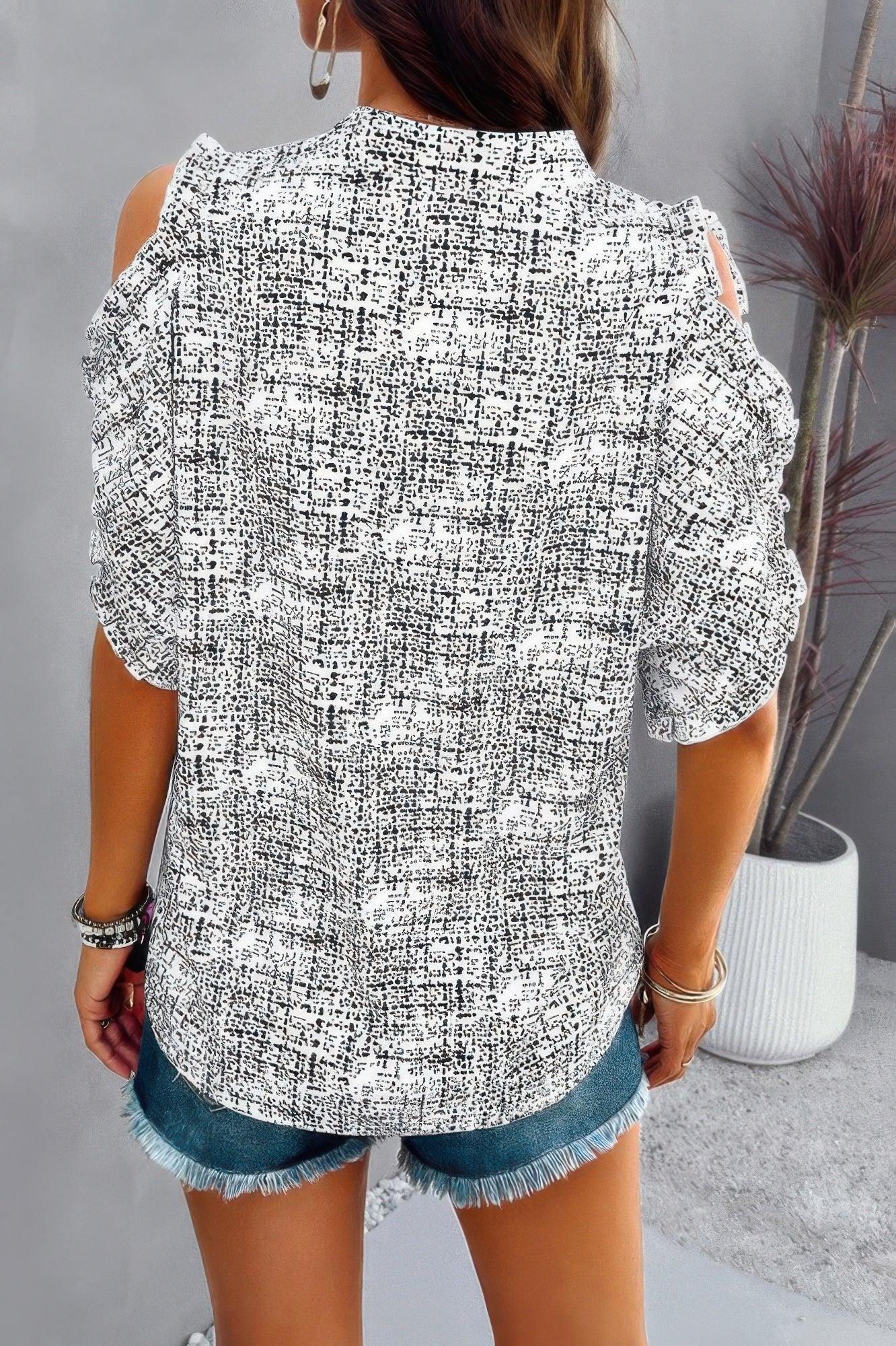 Printed Mandarine Collar Cold Shoulder Loose Top | Mixtshop LLC