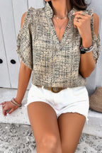 Printed Mandarine Collar Cold Shoulder Loose Top | Mixtshop LLC