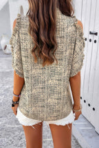 Printed Mandarine Collar Cold Shoulder Loose Top | Mixtshop LLC