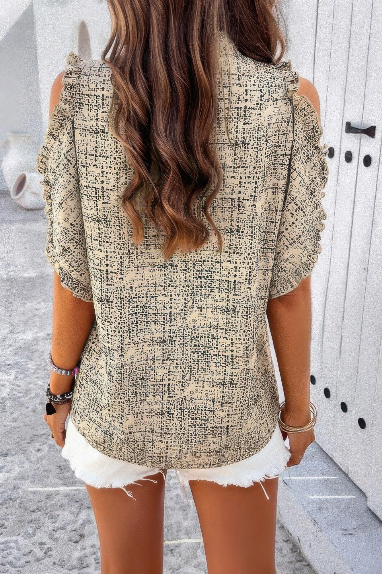 Printed Mandarine Collar Cold Shoulder Loose Top | Mixtshop LLC