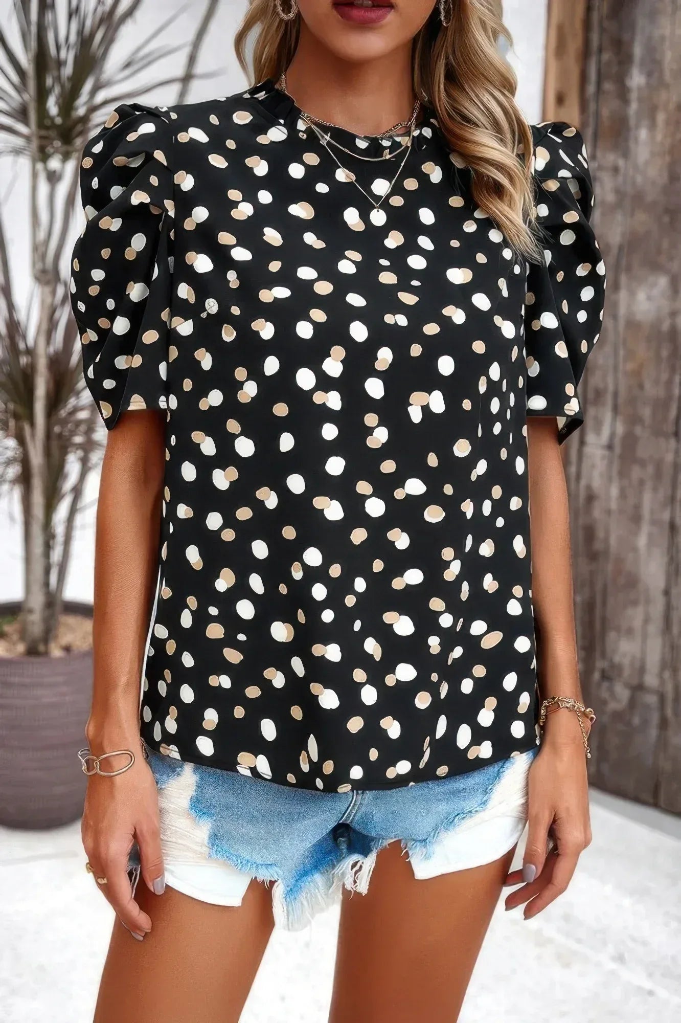 Puff Sleeves Allover Print Knot Loose Fit Top | Mixtshop LLC Main image