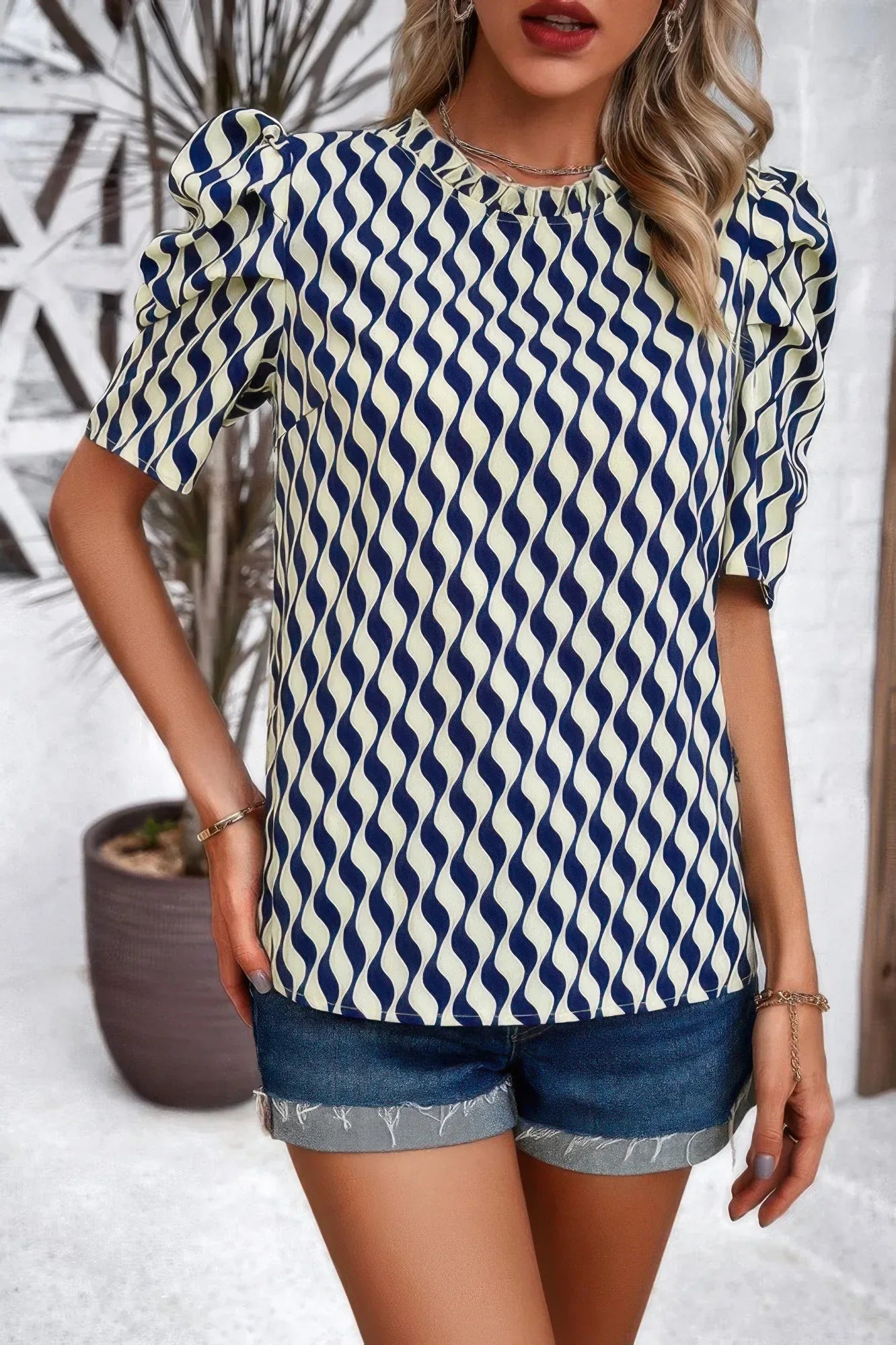 Puff Sleeves Allover Print Knot Loose Fit Top | Mixtshop LLC