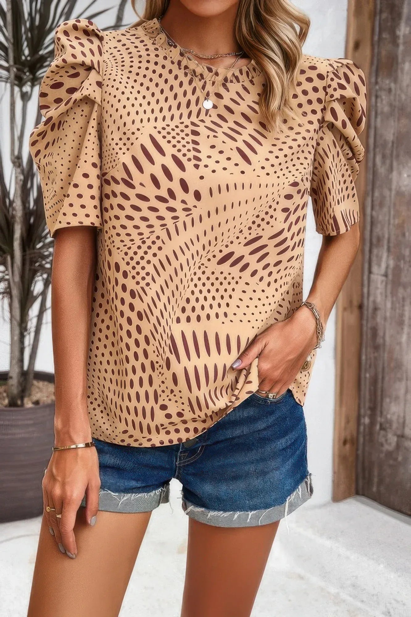 Puff Sleeves Allover Print Knot Loose Fit Top | Mixtshop LLC