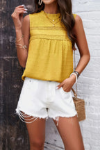 Crew Neck Swiss Dot Smocked Ruffled Loose Blouse | Mixtshop LLC