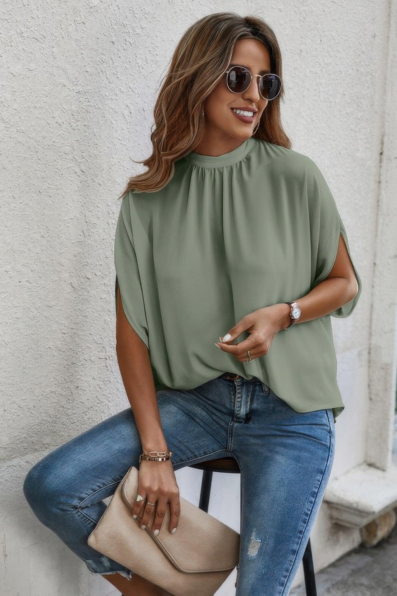 Mock Neck Batwing Sleeve Solid Loose Blouse | Mixtshop LLC