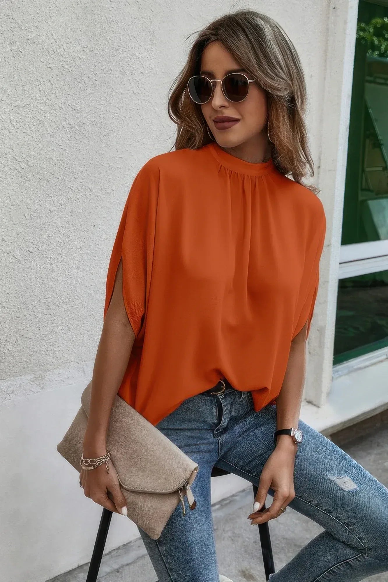 Mock Neck Batwing Sleeve Solid Loose Blouse | Mixtshop LLC