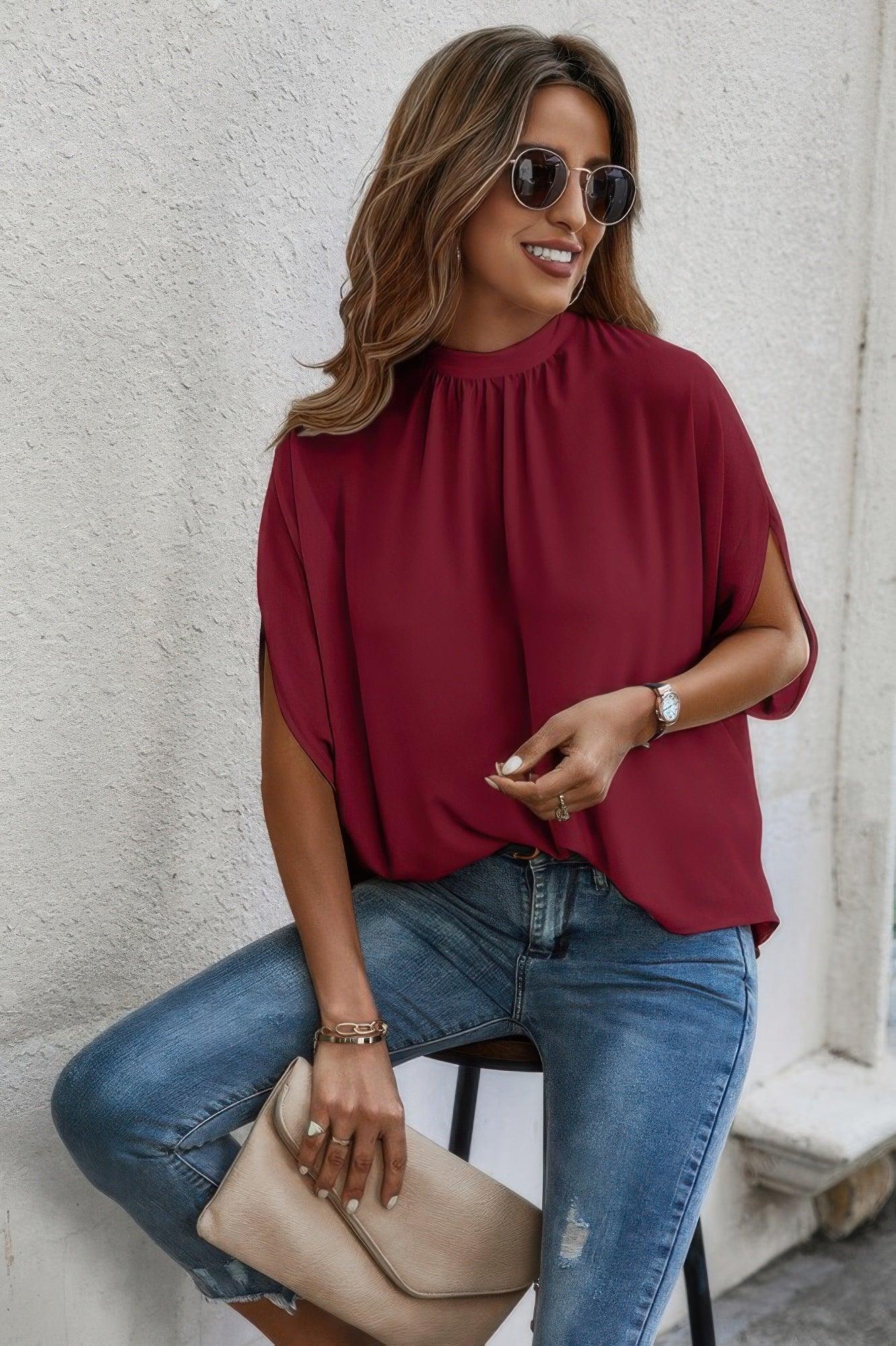 Mock Neck Batwing Sleeve Solid Loose Blouse | Mixtshop LLC
