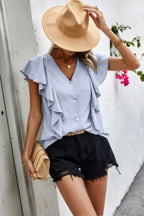 Solid Button Ruffle V Neck Fit Blouse | Mixtshop LLC