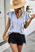 Solid Button Ruffle V Neck Fit Blouse | Mixtshop LLC