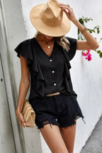 Solid Button Ruffle V Neck Fit Blouse | Mixtshop LLC