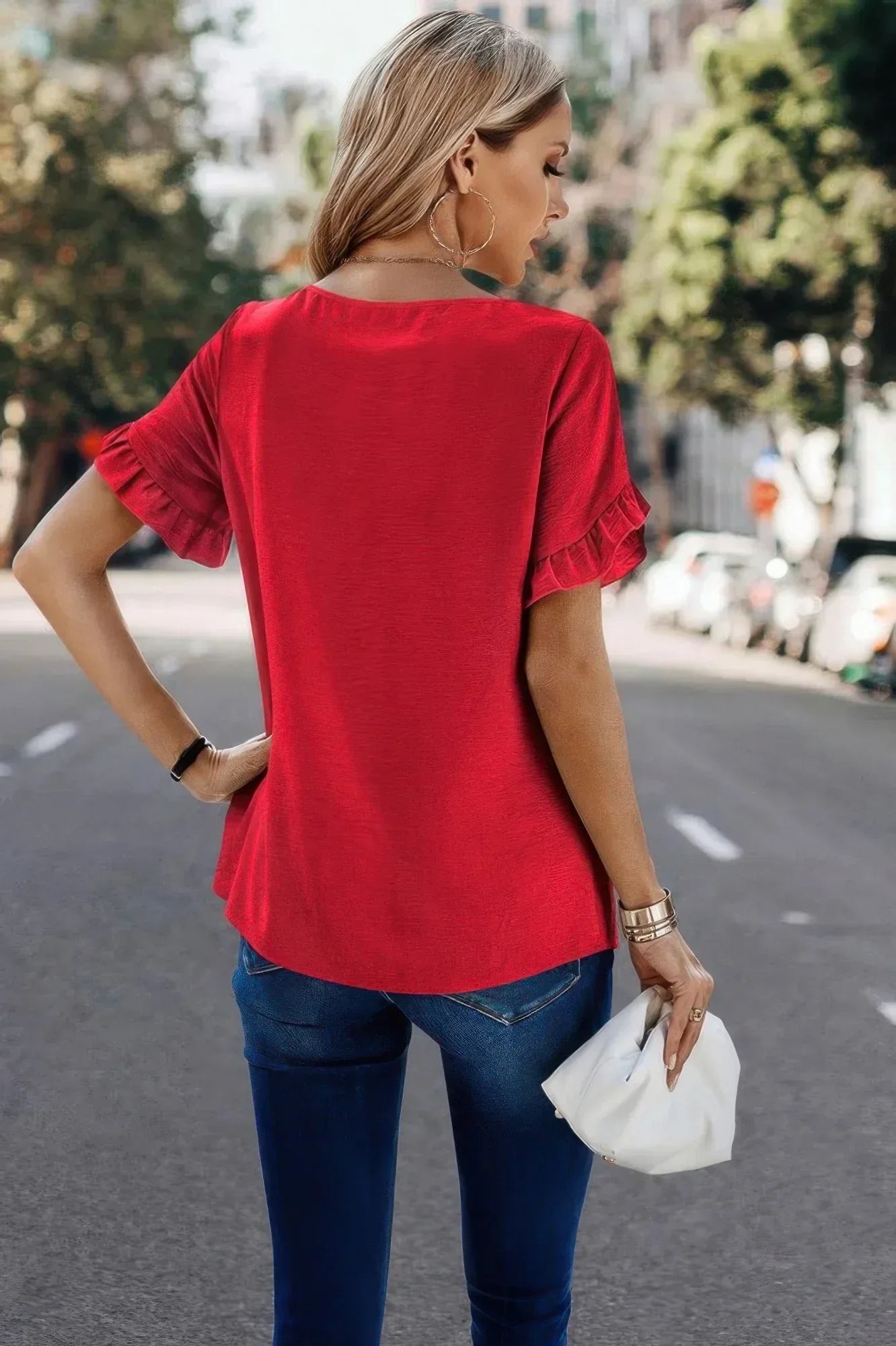 Solid Round Neck Ruffle Sleeve Loose Fit Blouse | Mixtshop LLC