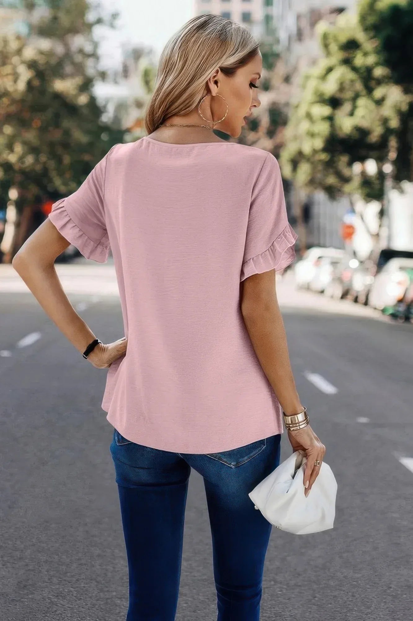 Solid Round Neck Ruffle Sleeve Loose Fit Blouse | Mixtshop LLC