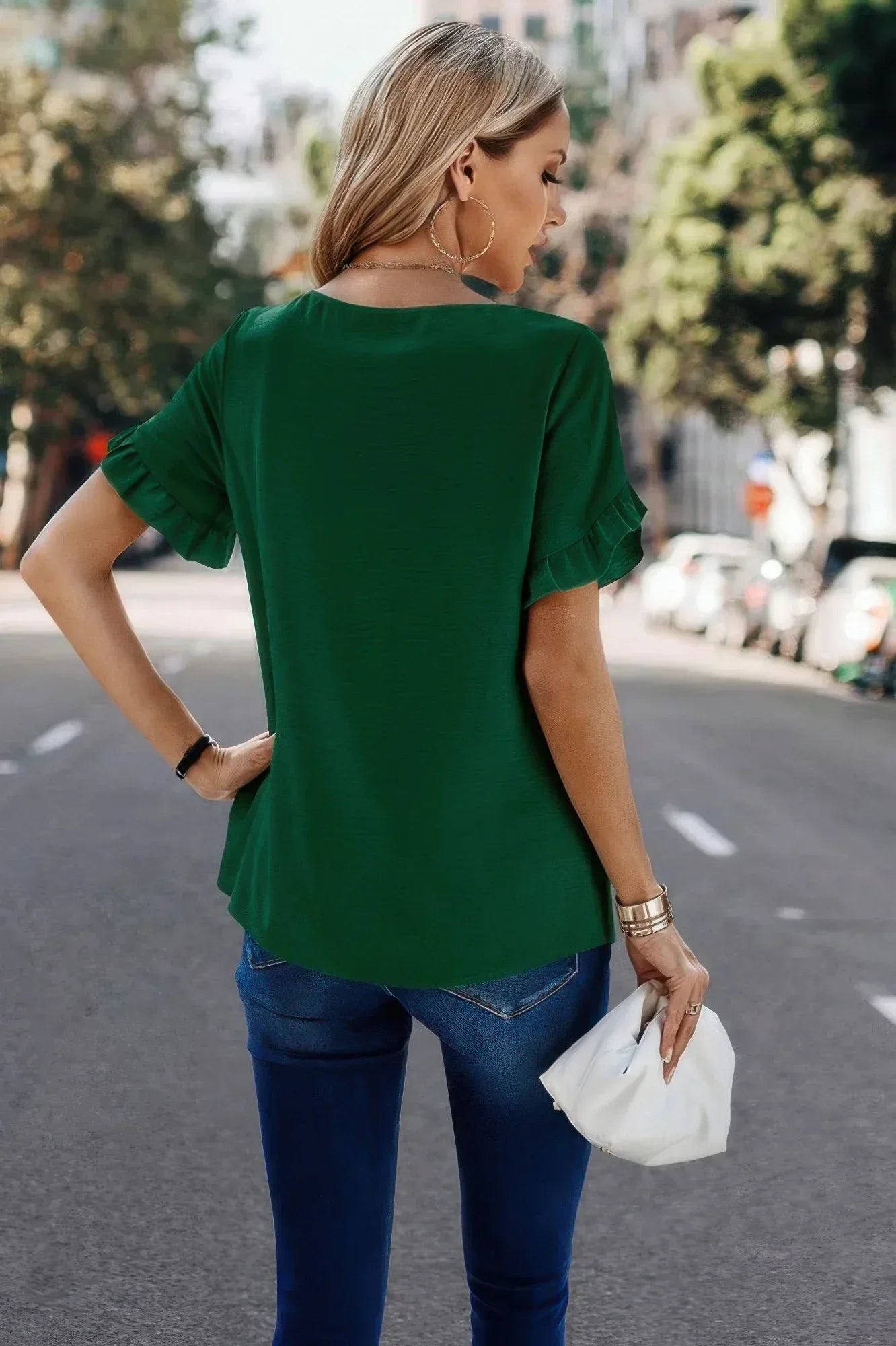 Solid Round Neck Ruffle Sleeve Loose Fit Blouse | Mixtshop LLC