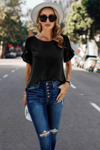 Solid Round Neck Ruffle Sleeve Loose Fit Blouse | Mixtshop LLC
