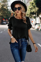Solid Round Neck Ruffle Sleeve Loose Fit Blouse | Mixtshop LLC