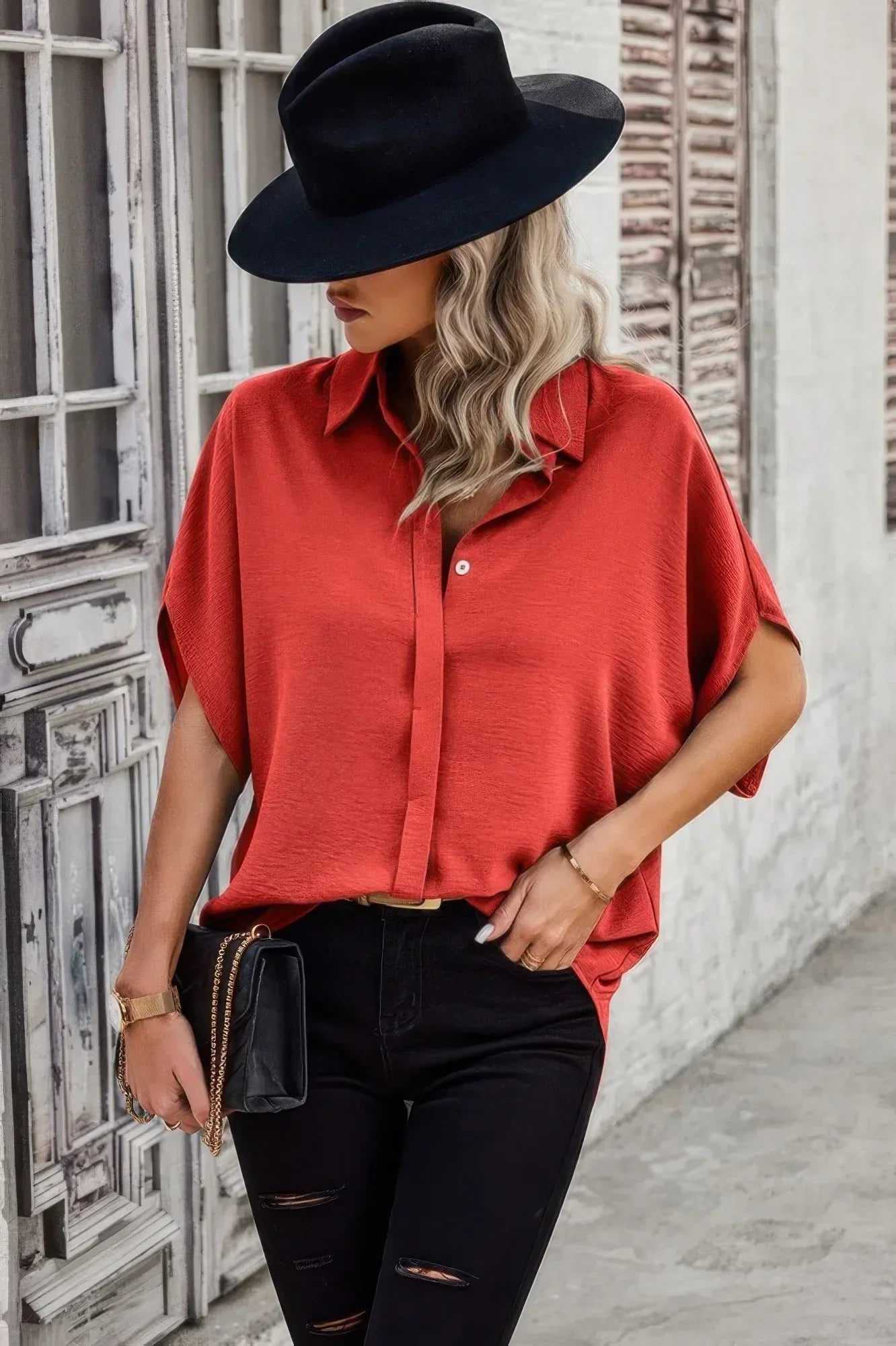 Solid Front Open Button Loose Fit Blouse Secondary image