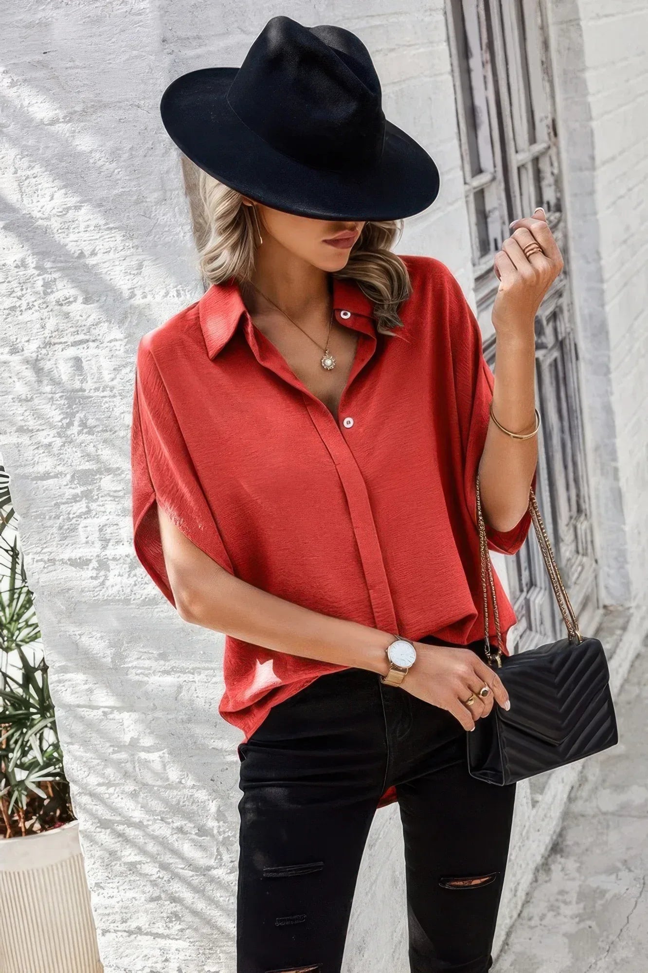 Solid Front Open Button Loose Fit Blouse | Mixtshop LLC