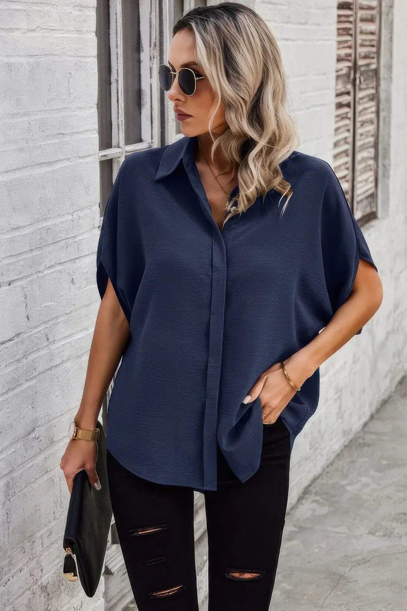 Solid Front Open Button Loose Fit Blouse | Mixtshop LLC