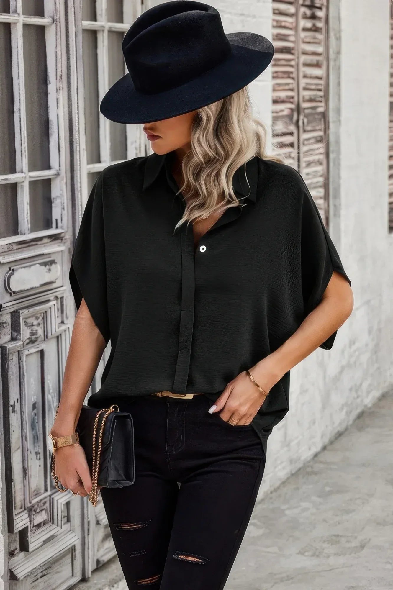 Solid Front Open Button Loose Fit Blouse | Mixtshop LLC