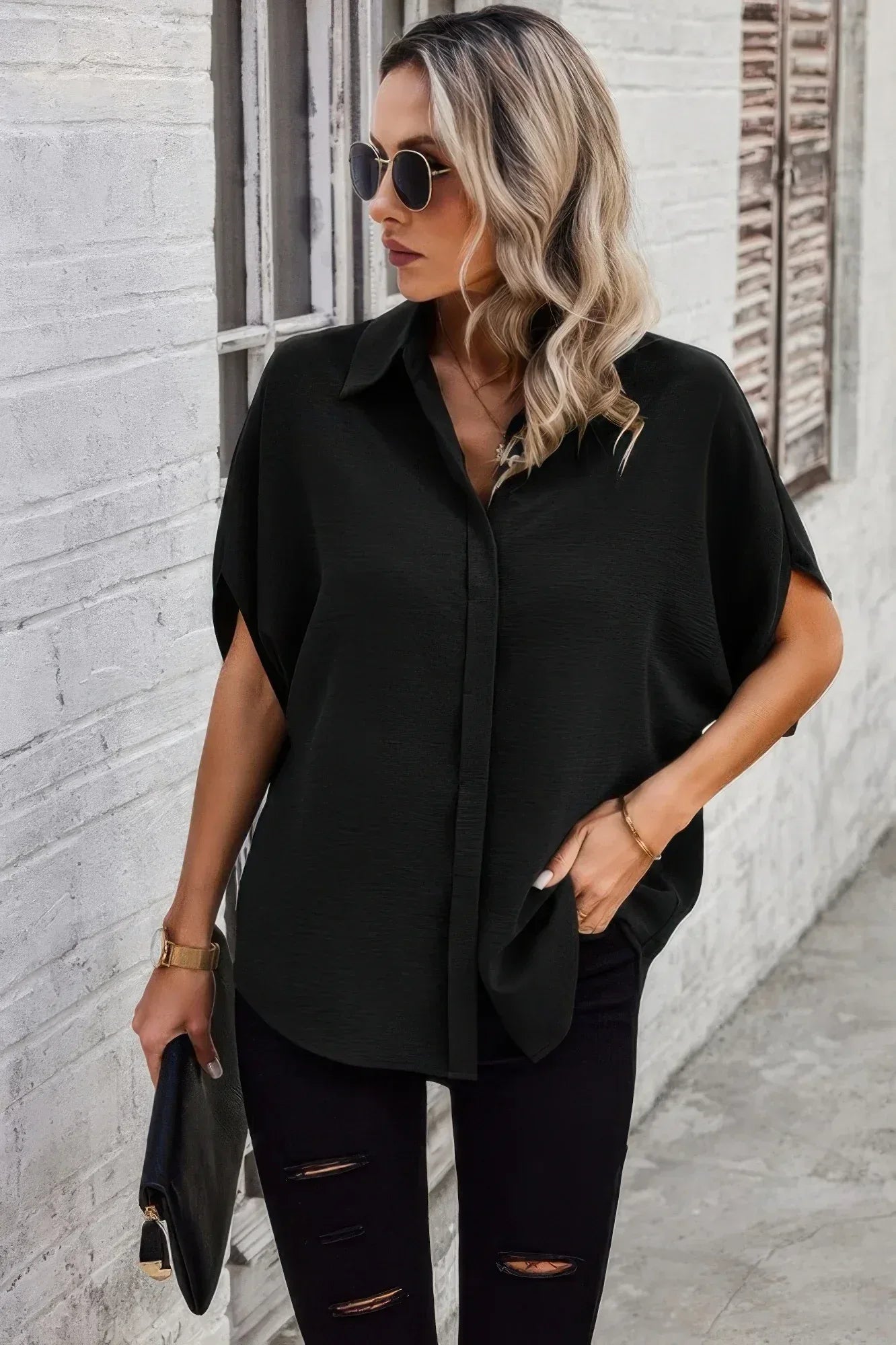 Solid Front Open Button Loose Fit Blouse | Mixtshop LLC
