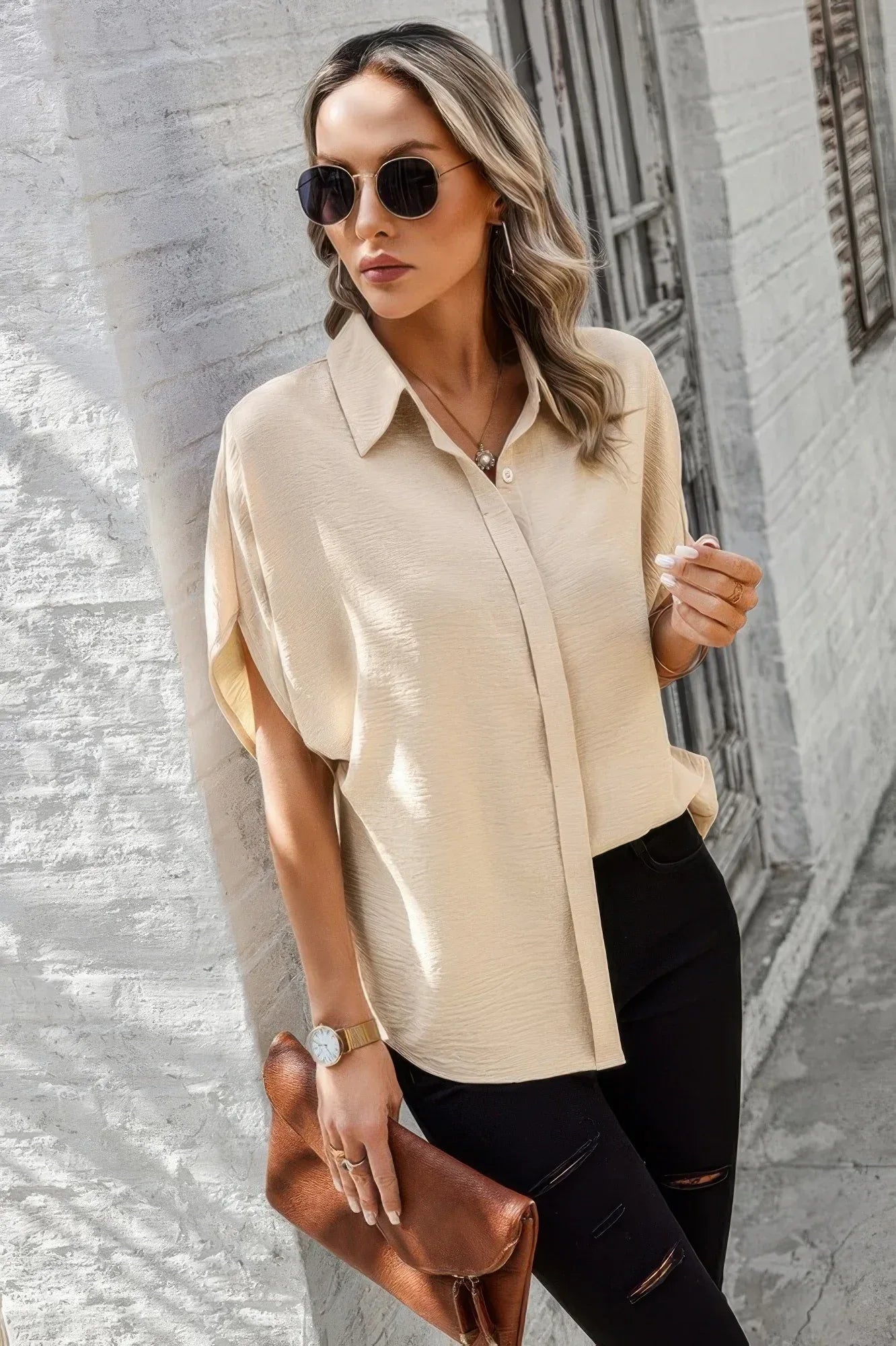 Solid Front Open Button Loose Fit Blouse | Mixtshop LLC