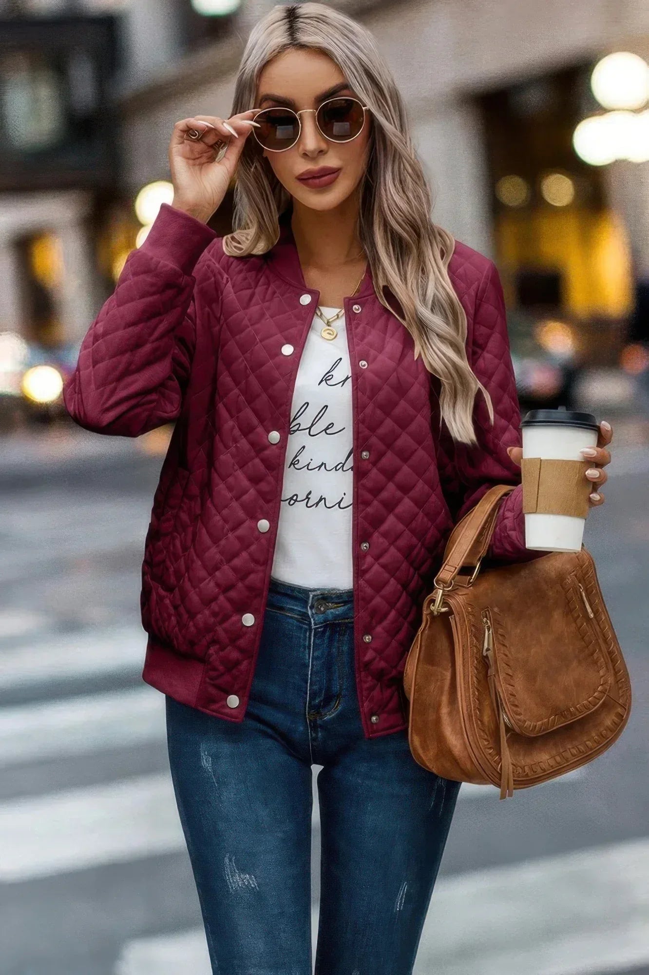 Solid Plaid Stitch Pockets Bomber Jacket Secondary image