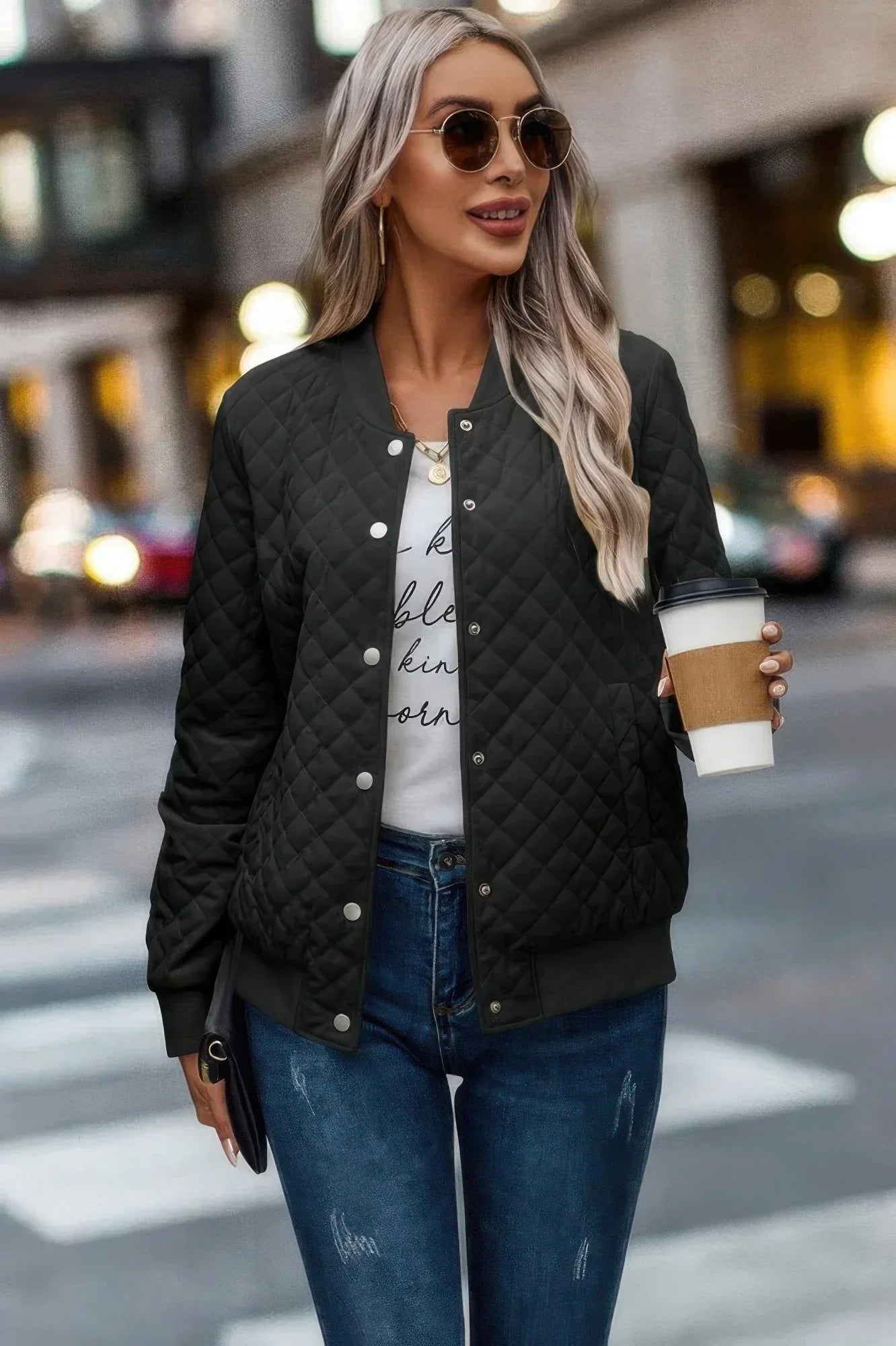 Solid Plaid Stitch Pockets Bomber Jacket | Mixtshop LLC