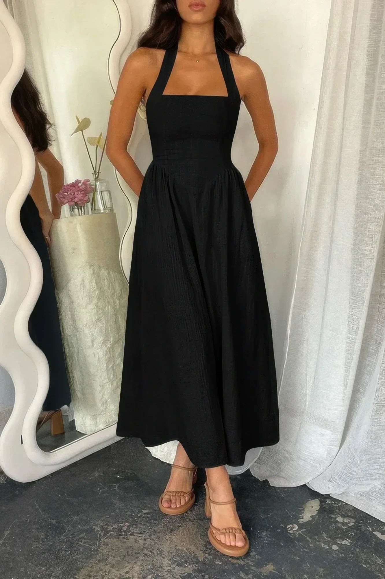 Halter Solid Pockets Sleeveless A Line Long Dress | Mixtshop LLC