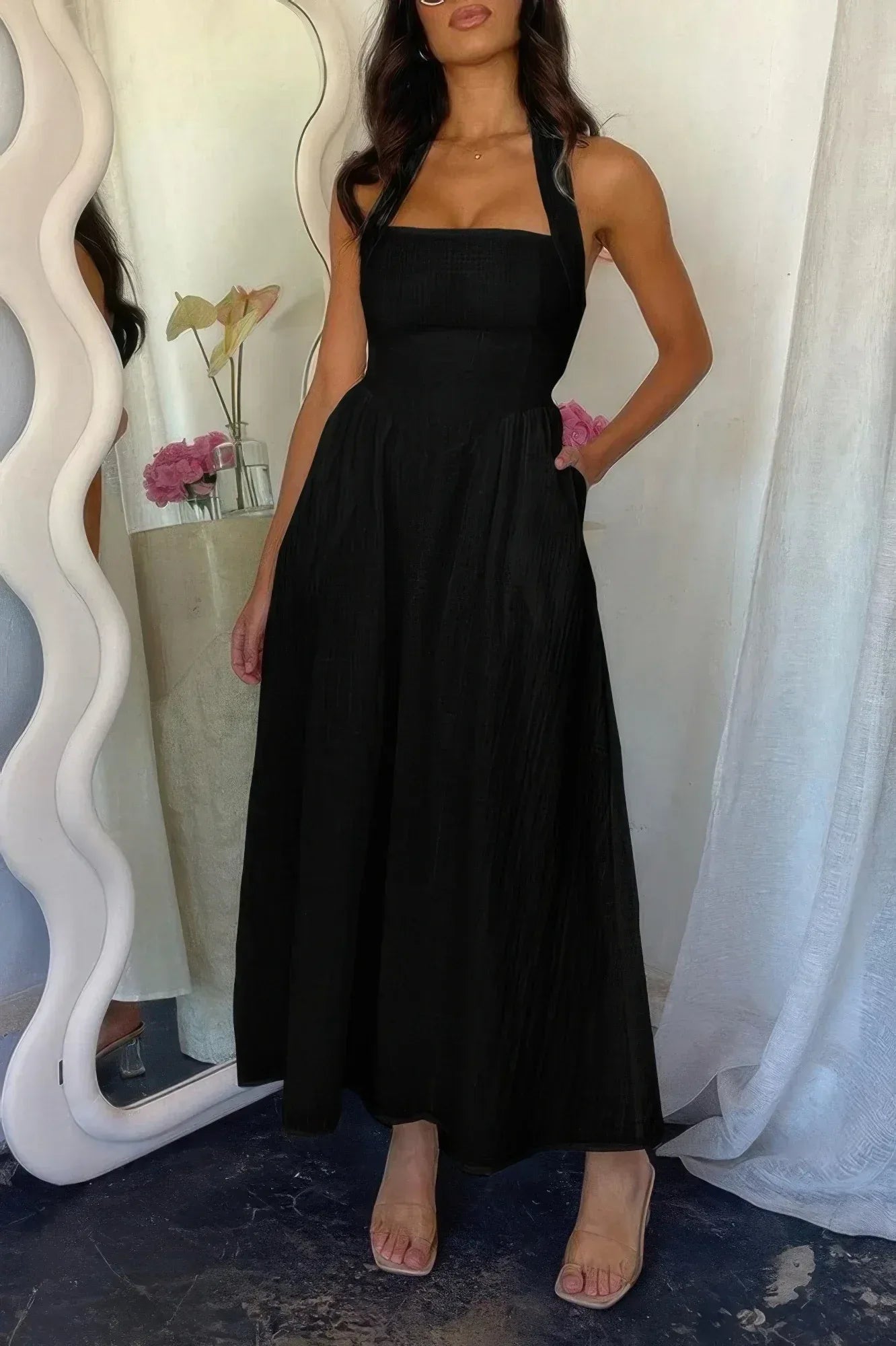 Halter Solid Pockets Sleeveless A Line Long Dress Secondary image