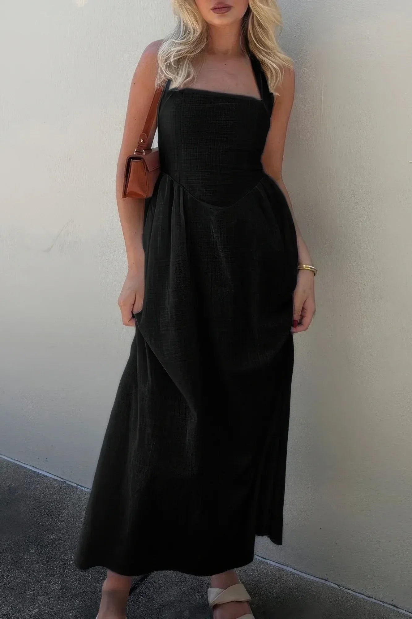 Halter Solid Pockets Sleeveless A Line Long Dress | Mixtshop LLC