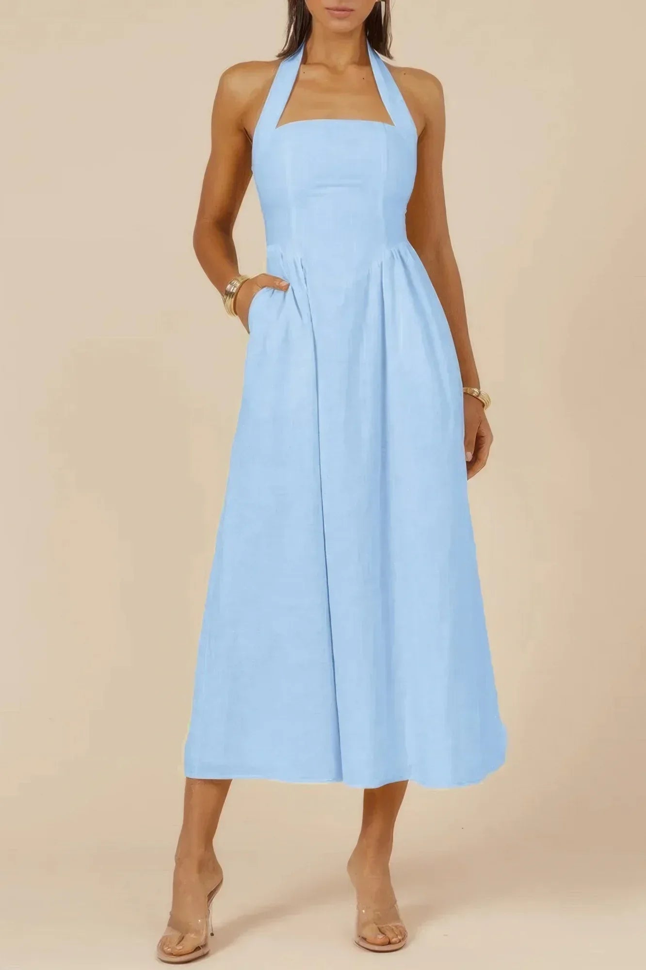 Halter Solid Pockets Sleeveless A Line Long Dress | Mixtshop LLC