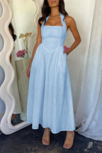 Halter Solid Pockets Sleeveless A Line Long Dress | Mixtshop LLC