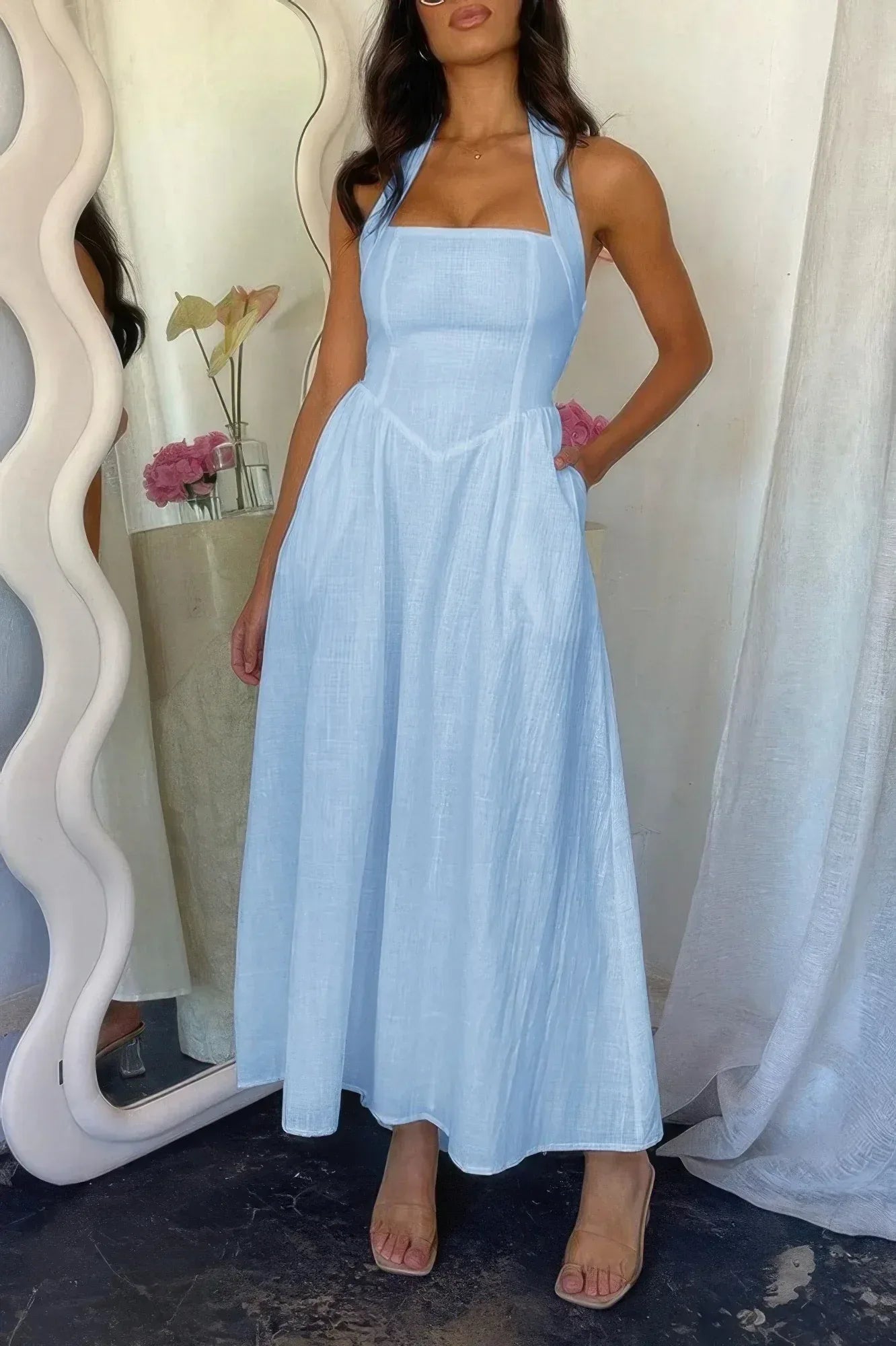 Halter Solid Pockets Sleeveless A Line Long Dress | Mixtshop LLC