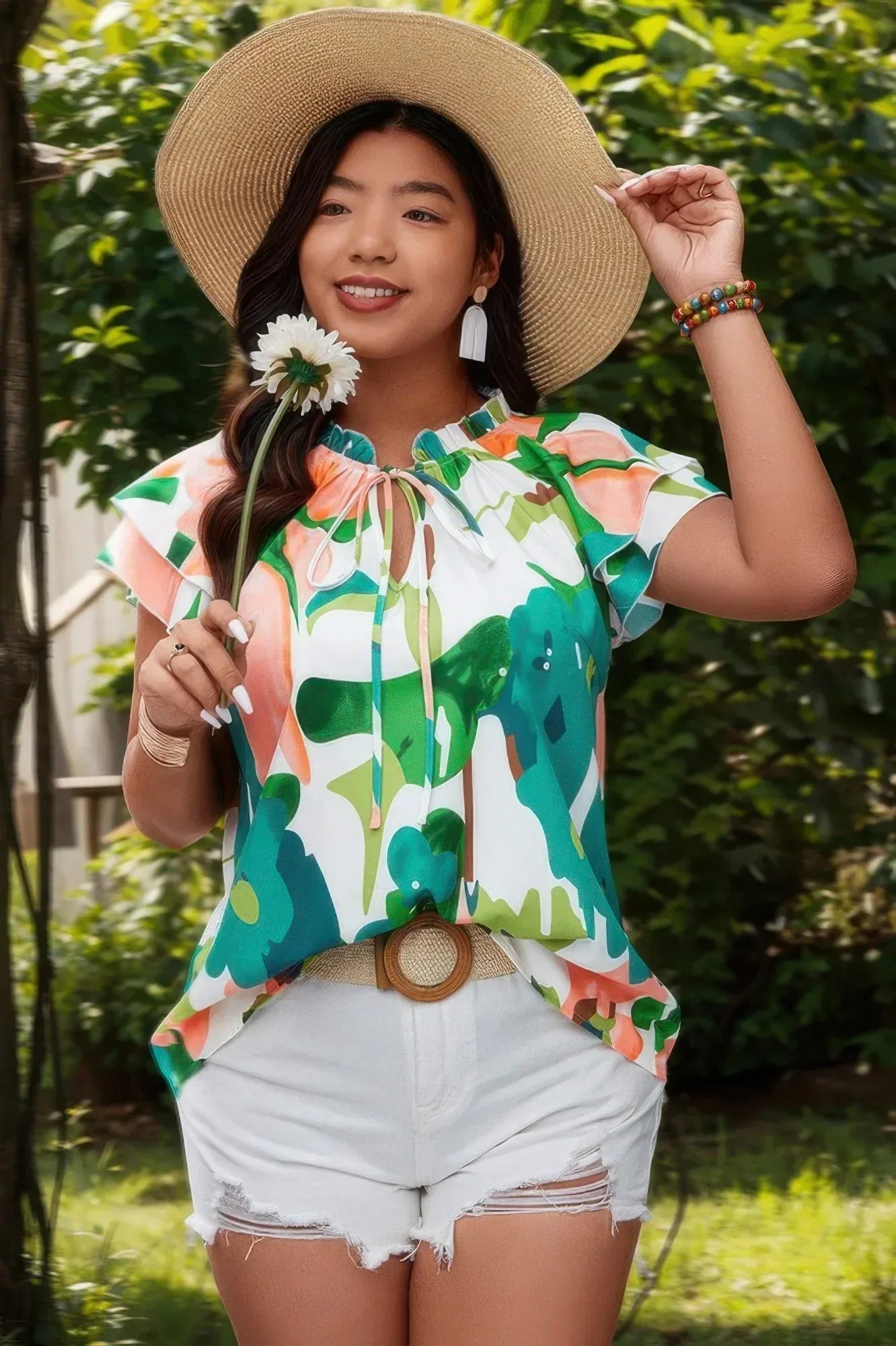 Plus Random Print Ruffled Sleeve Boho Blouse | Mixtshop LLC
