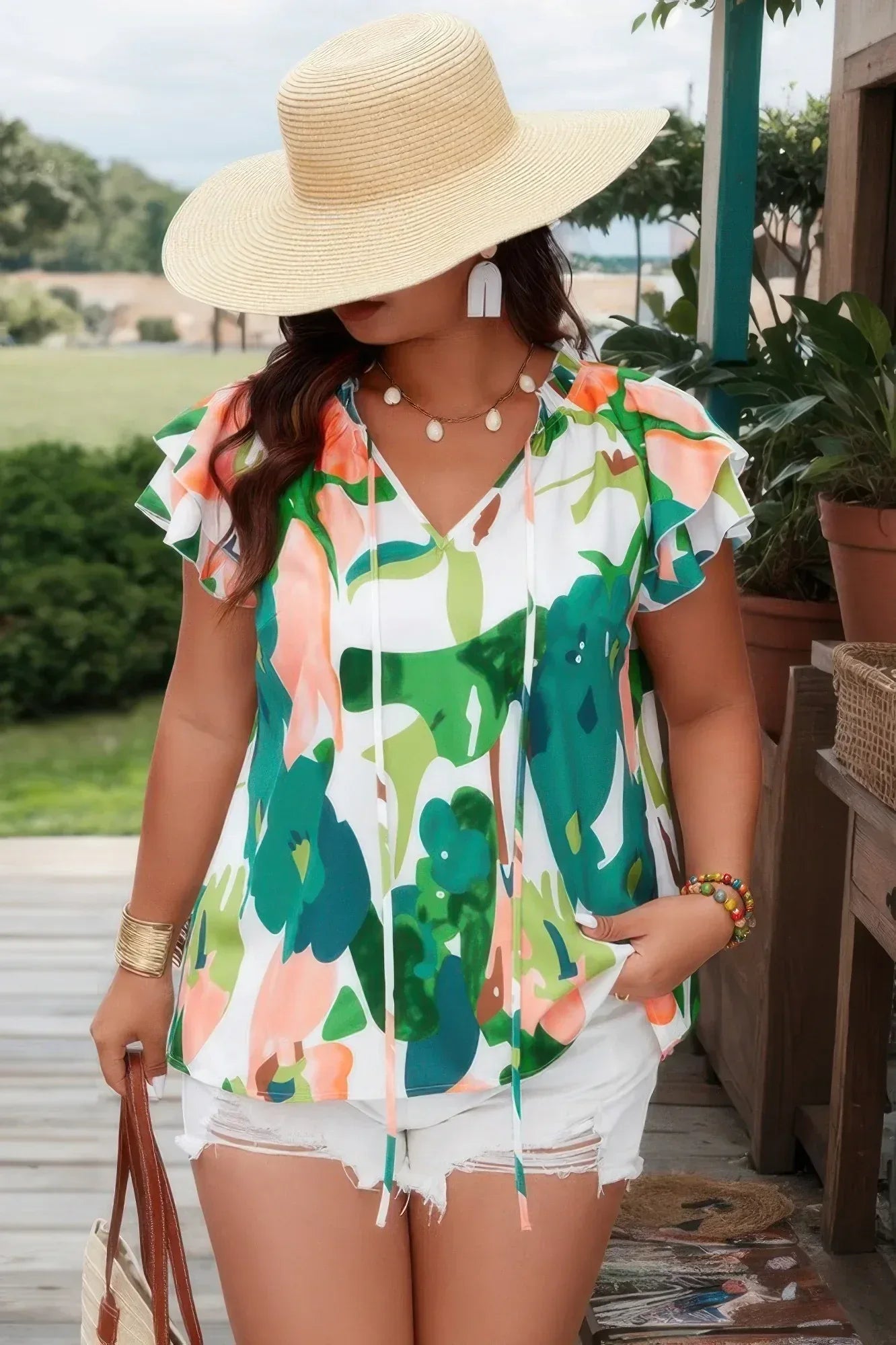 Plus Random Print Ruffled Sleeve Boho Blouse | Mixtshop LLC