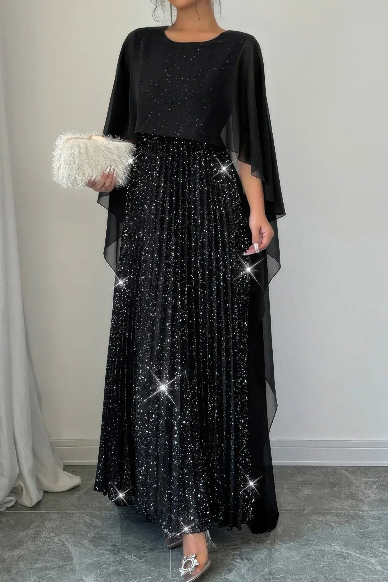 Elegant Sequin Satin Knit Pleated Long Dress | Mixtshop LLC Main image