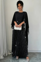 Elegant Sequin Satin Knit Pleated Long Dress | Mixtshop LLC